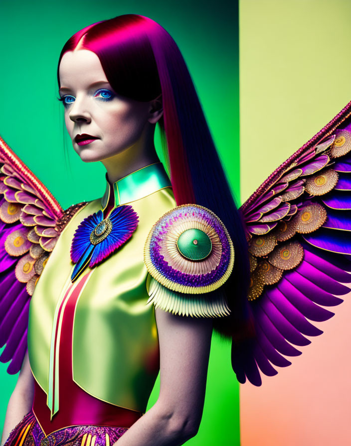 Colorful Outfit Woman with Vibrant Wing Graphics and Sleek Hair on Gradient Background