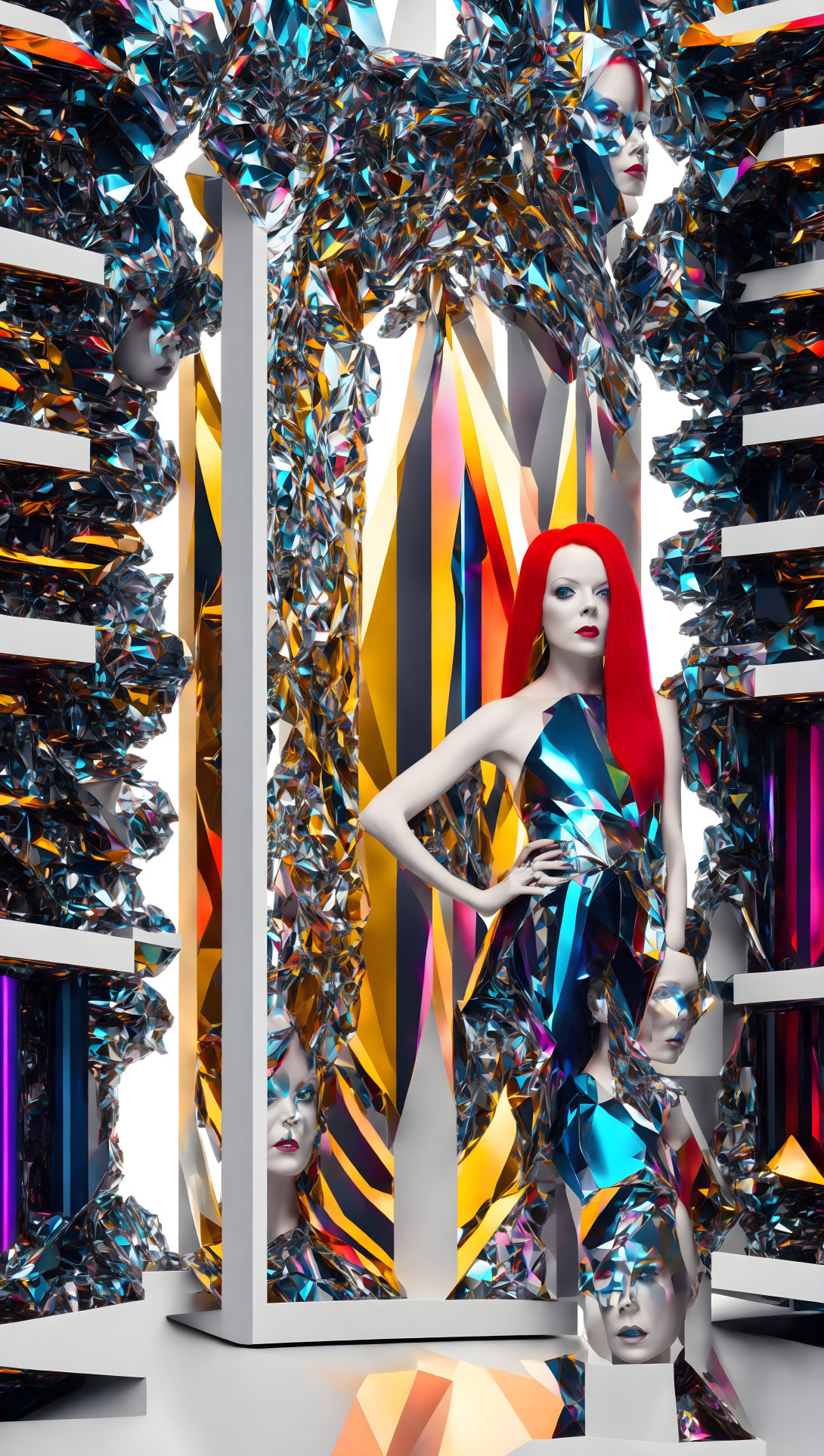 Red-haired woman posing among reflective sculptures in room with geometric patterns