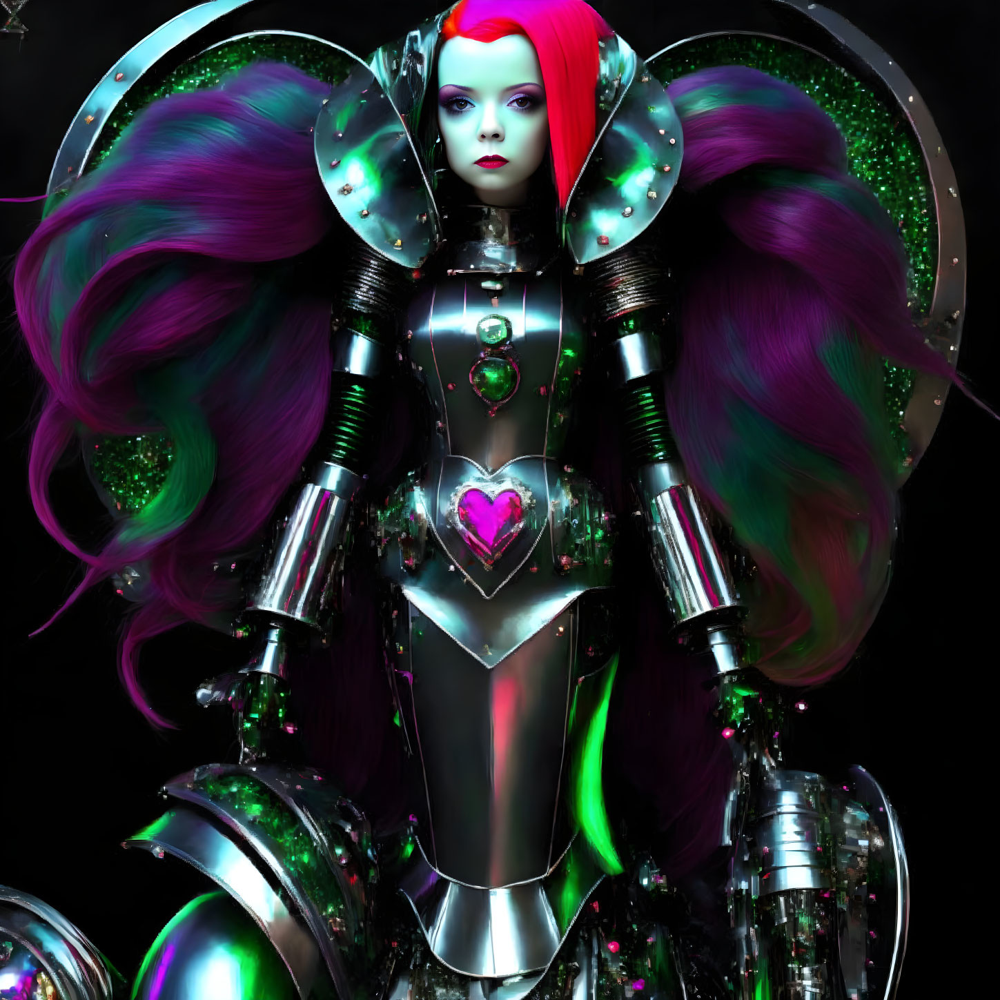 Futuristic female robot with purple and green hair and glowing neon accents
