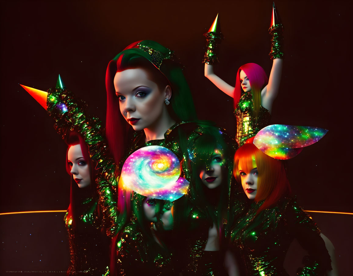 Multiple women in shiny green outfits with colorful hairstyles in surreal cosmic setting.