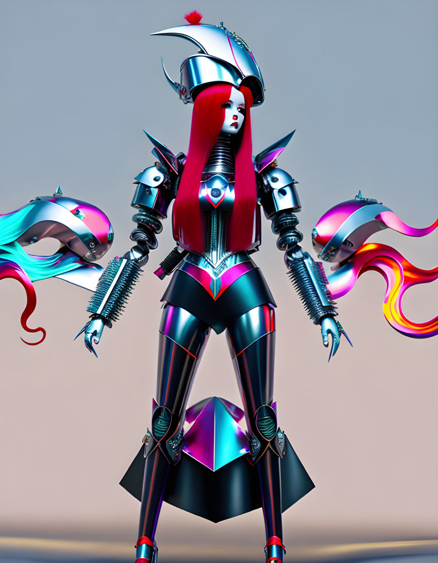 Futuristic female robot with metallic body and flowing hair-like tendrils