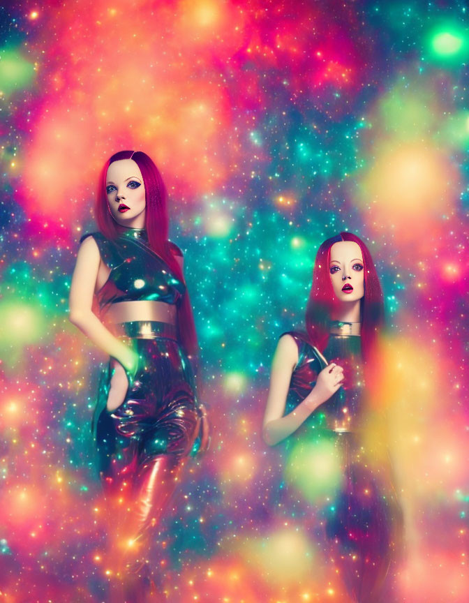 Stylized women with red hair and bold makeup on colorful bokeh background