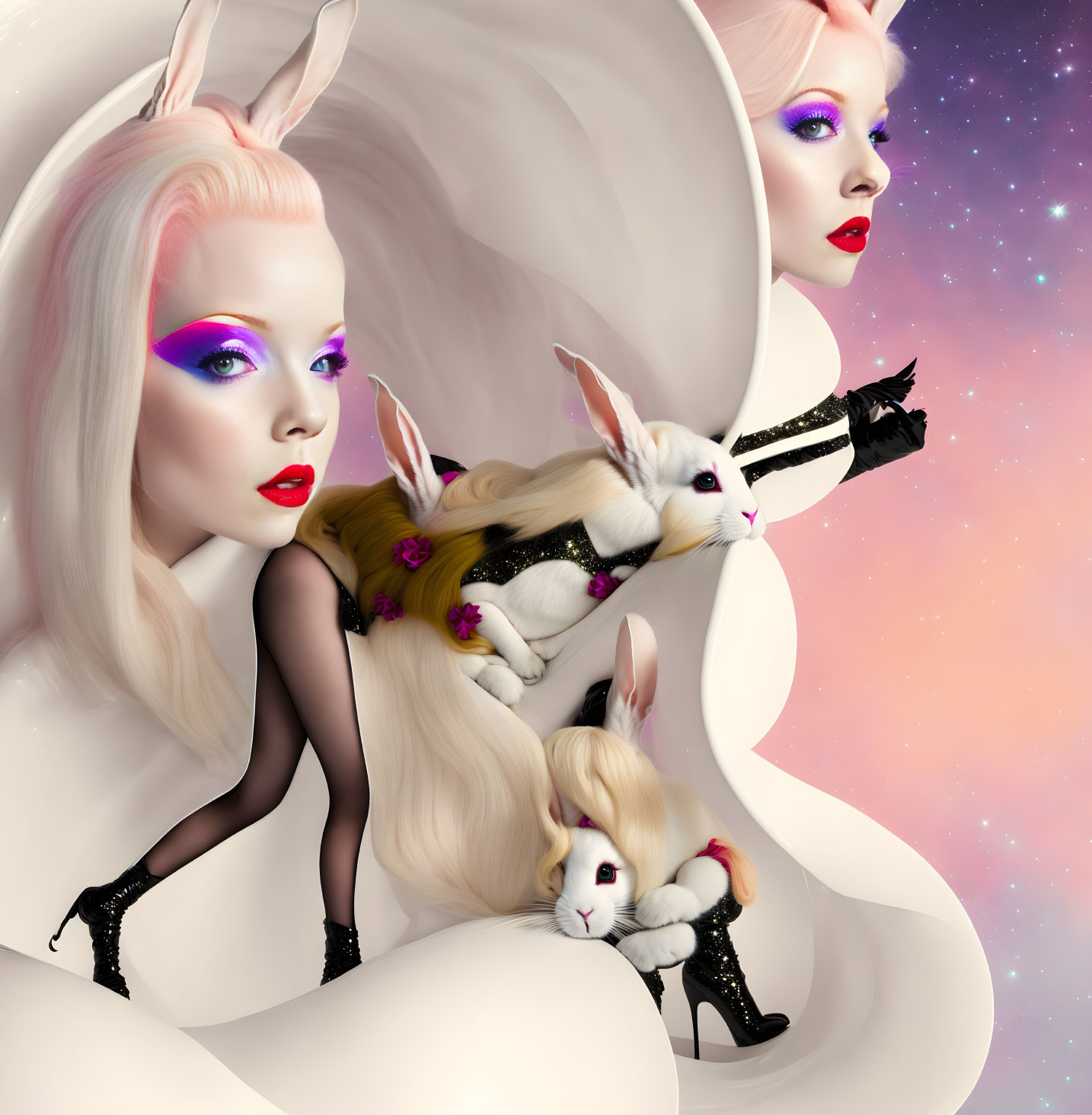 Surreal cosmic background with mirrored women holding bunnies