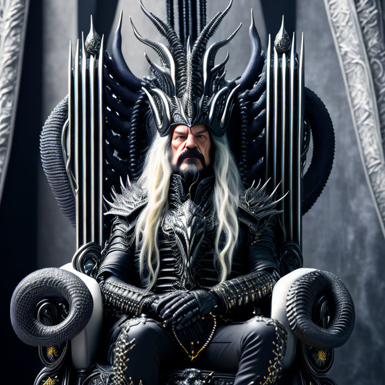 White-haired figure in ornate black armor on serpent-themed throne