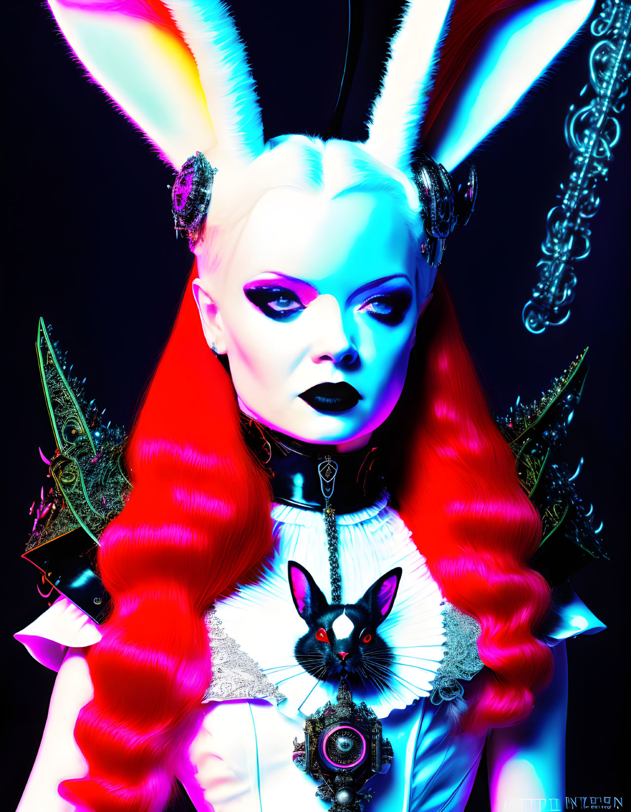 Person with White Rabbit Ears and Gothic Attire on Dark Background