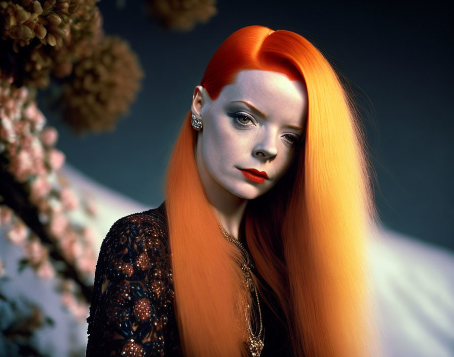 Vibrant orange hair woman in dark lipstick and lace clothing posing by blossoming branches on blue background