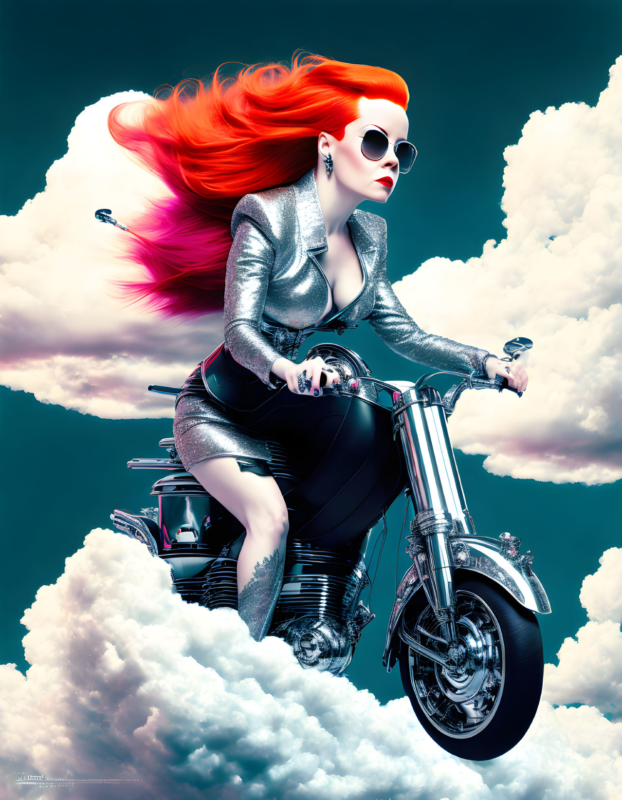 Red-haired woman on motorcycle in clouds with futuristic attire