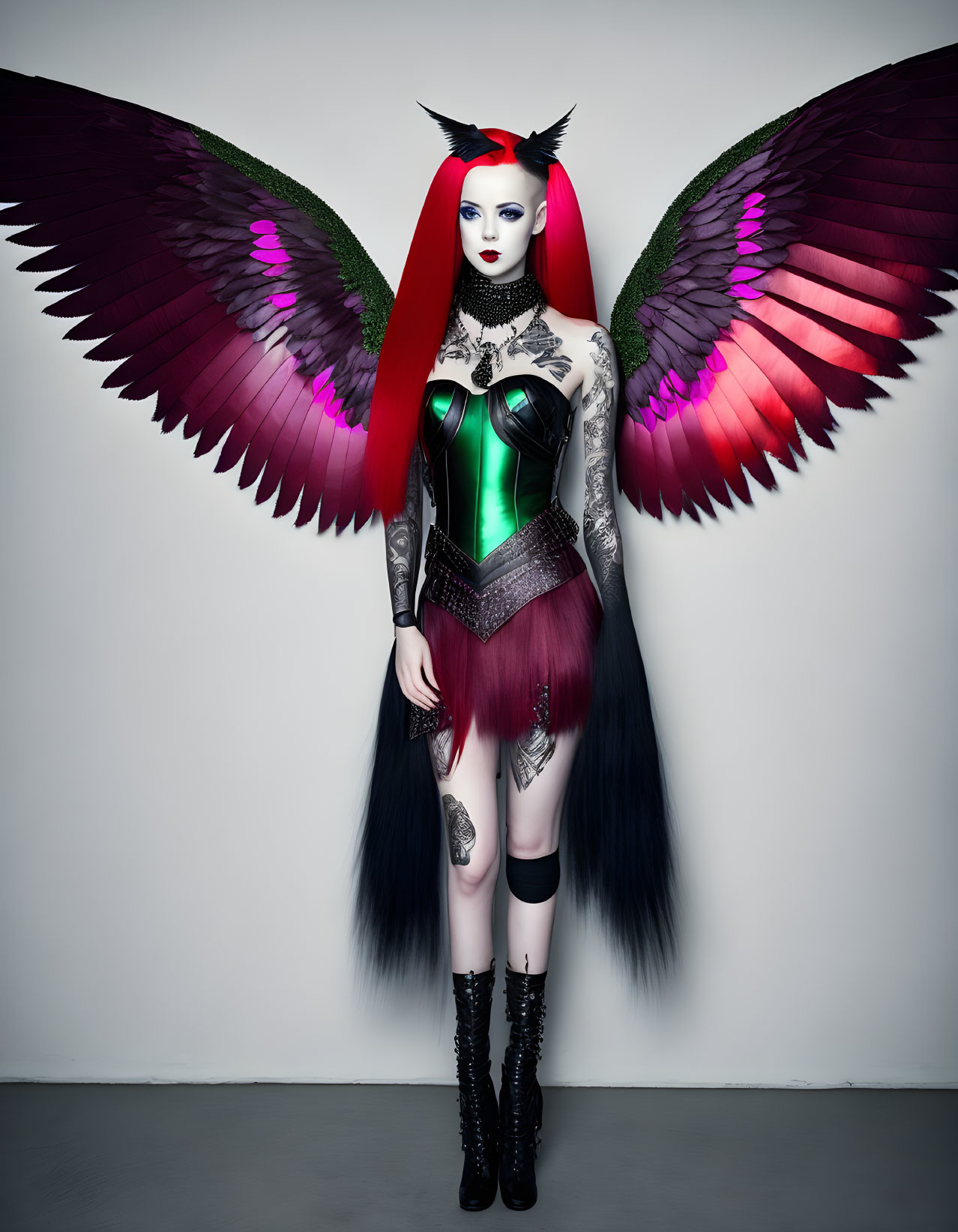 Elaborate Costume with Multicolored Wings and Gothic Makeup