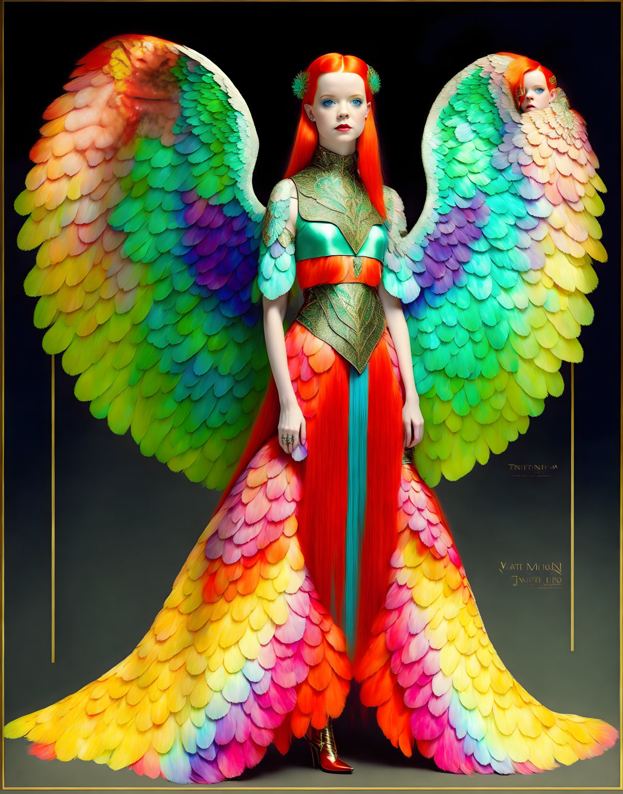 Colorful Woman with Feathered Wings and Red Hair on Dark Background