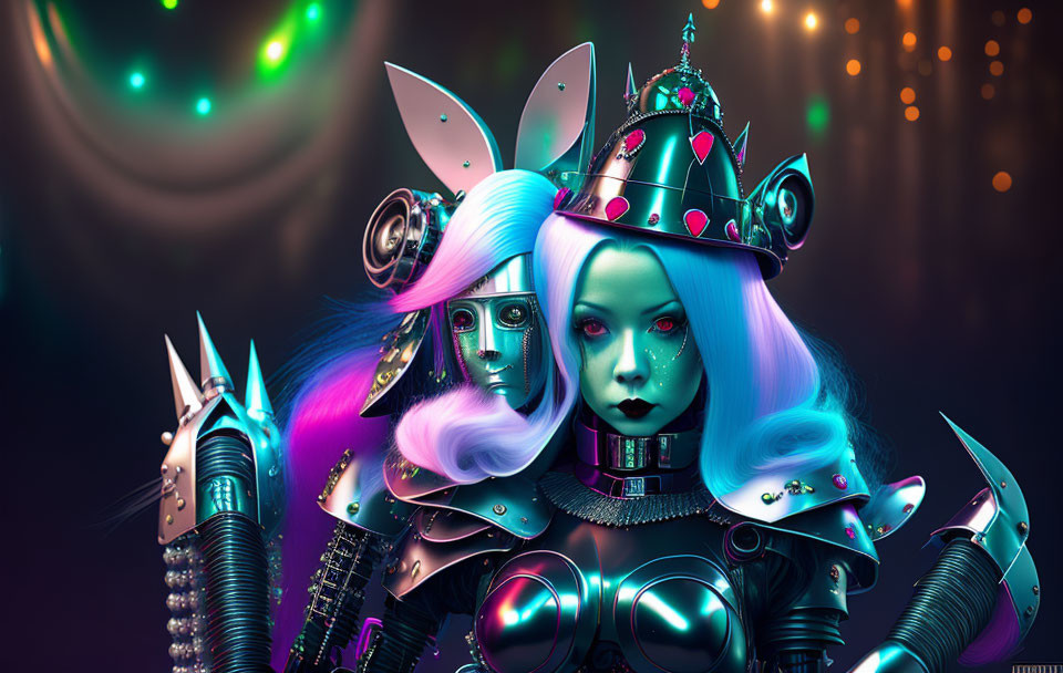 Digital artwork: Futuristic female knight in blue hair, metallic armor, crown on bokeh background