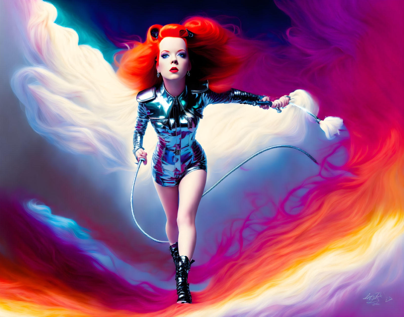 Vibrant red-haired woman with jump rope in surreal digital art