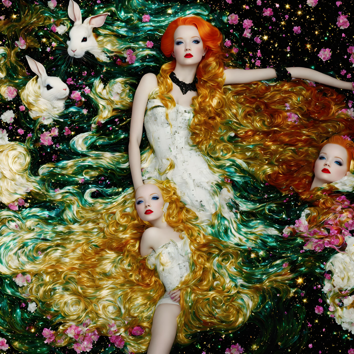 Surreal image: Woman with red hair, mannequin parts, rabbits, vibrant flowers