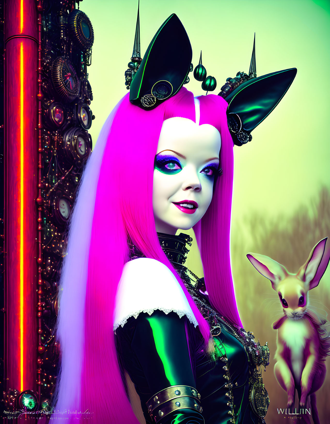 Digital artwork: Woman with pink hair in gothic attire near mechanical pillar with whimsical creature