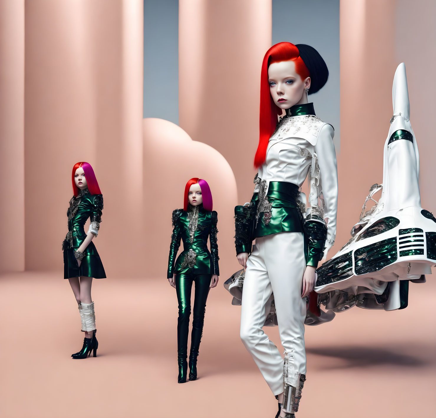 Futuristic female figures in glossy outfits with white space shuttle on pastel background