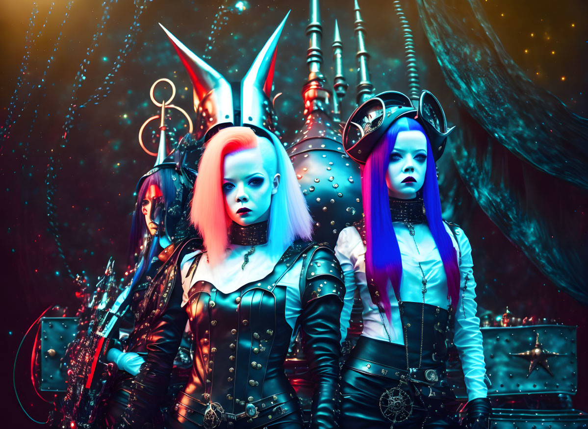 Three people in futuristic gothic outfits with distinctive headpieces, set in a vibrant cosmic scene.