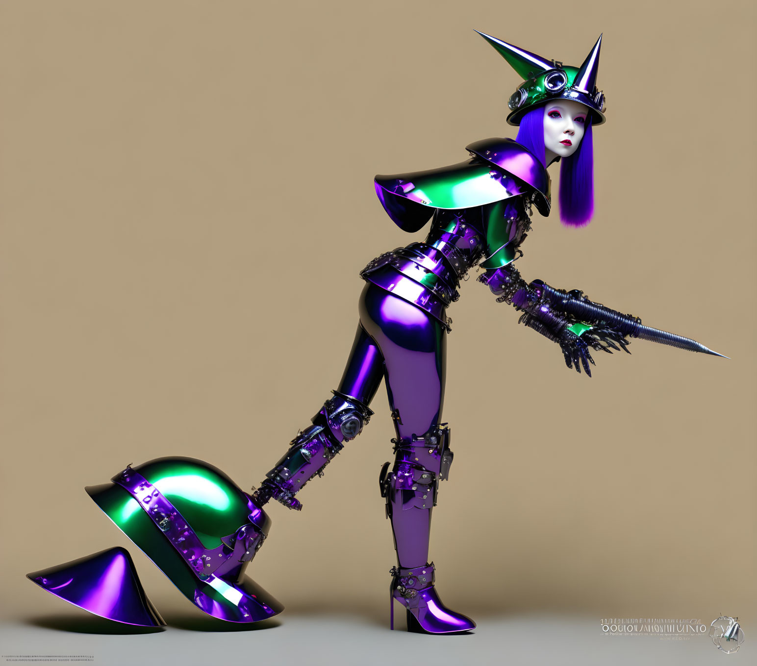Futuristic female robot in shiny purple and green armor on beige background