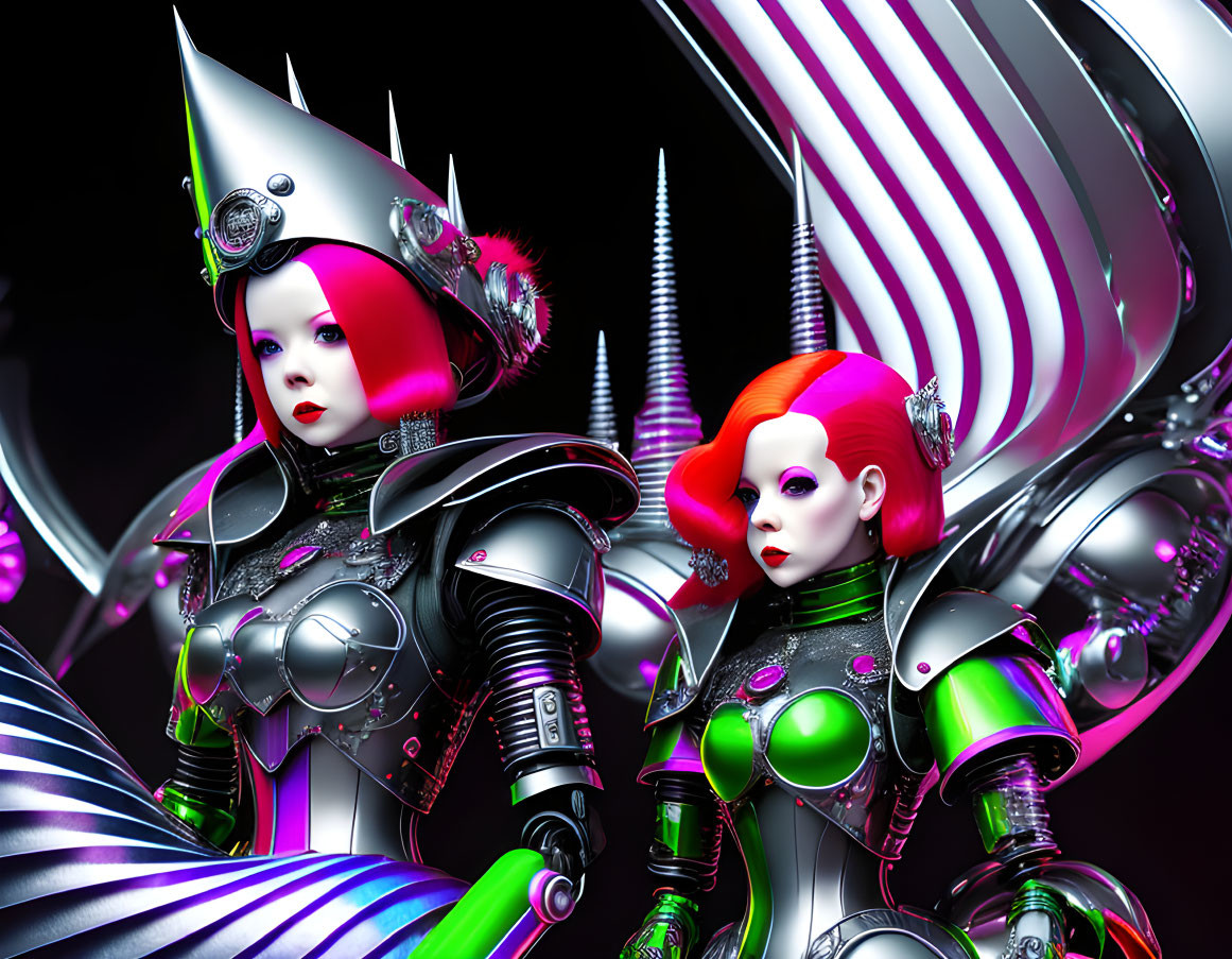 Futuristic female figures in metallic armor on abstract background