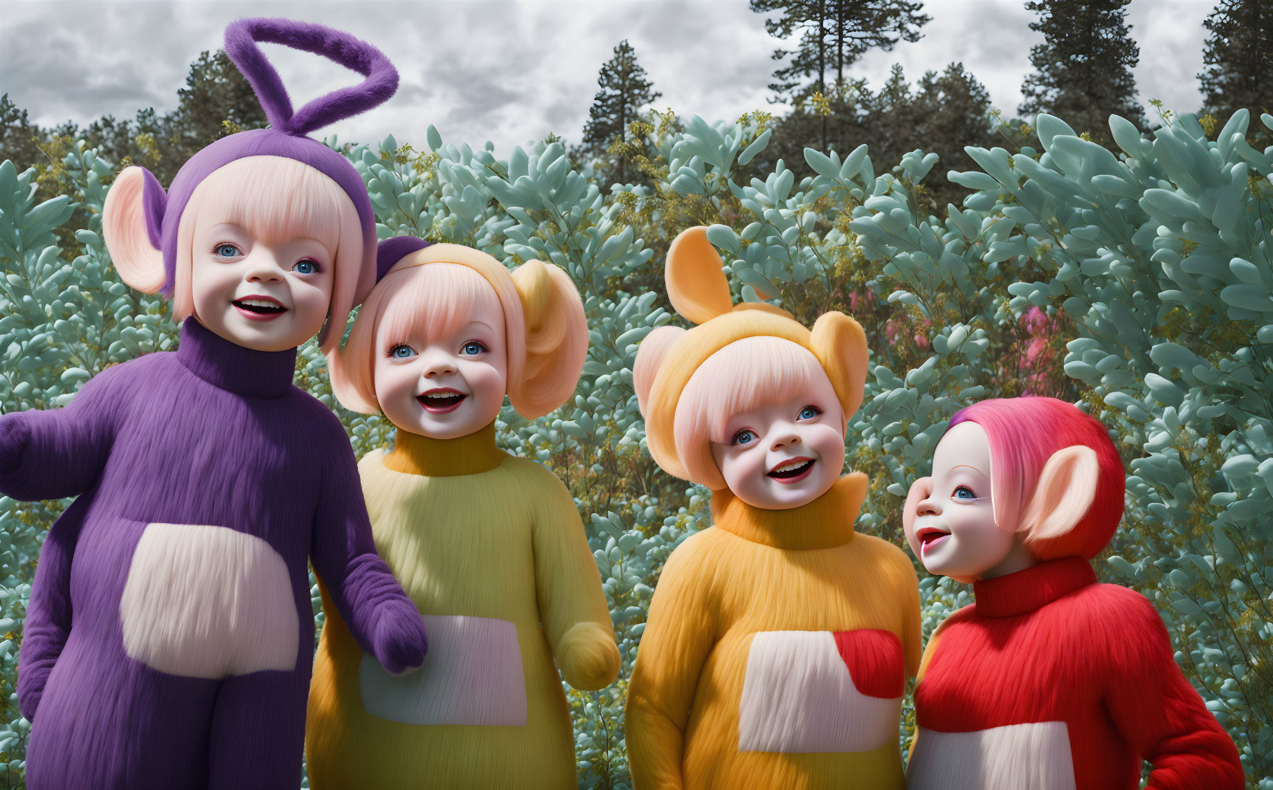 Four Colorful Teletubbies in Forest Smiling