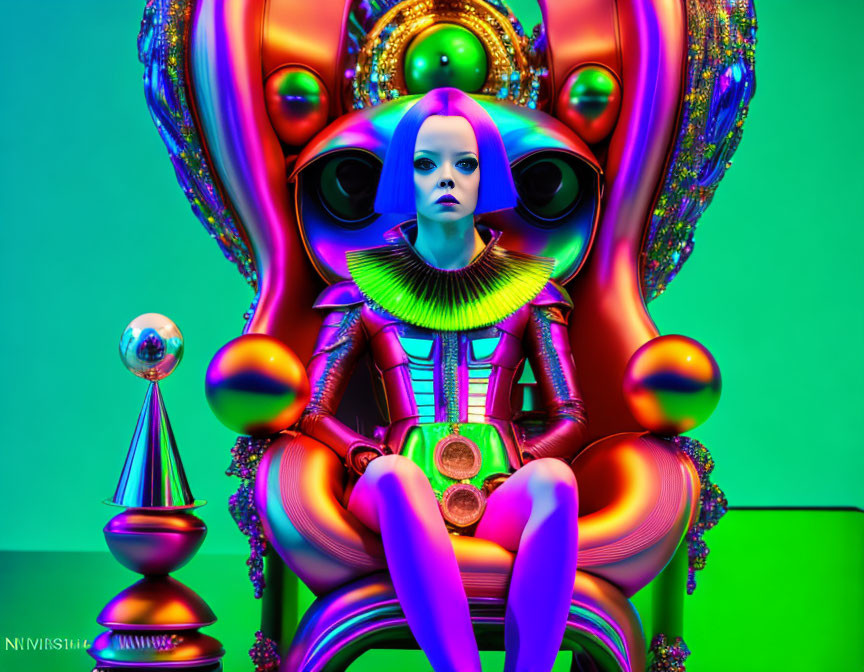 Futuristic female character on ornate throne in vibrant digital artwork