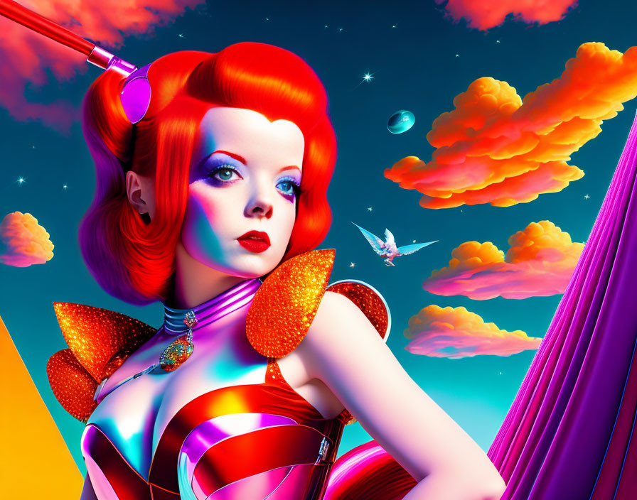 Digital artwork: Red-haired female in futuristic attire under surreal sky