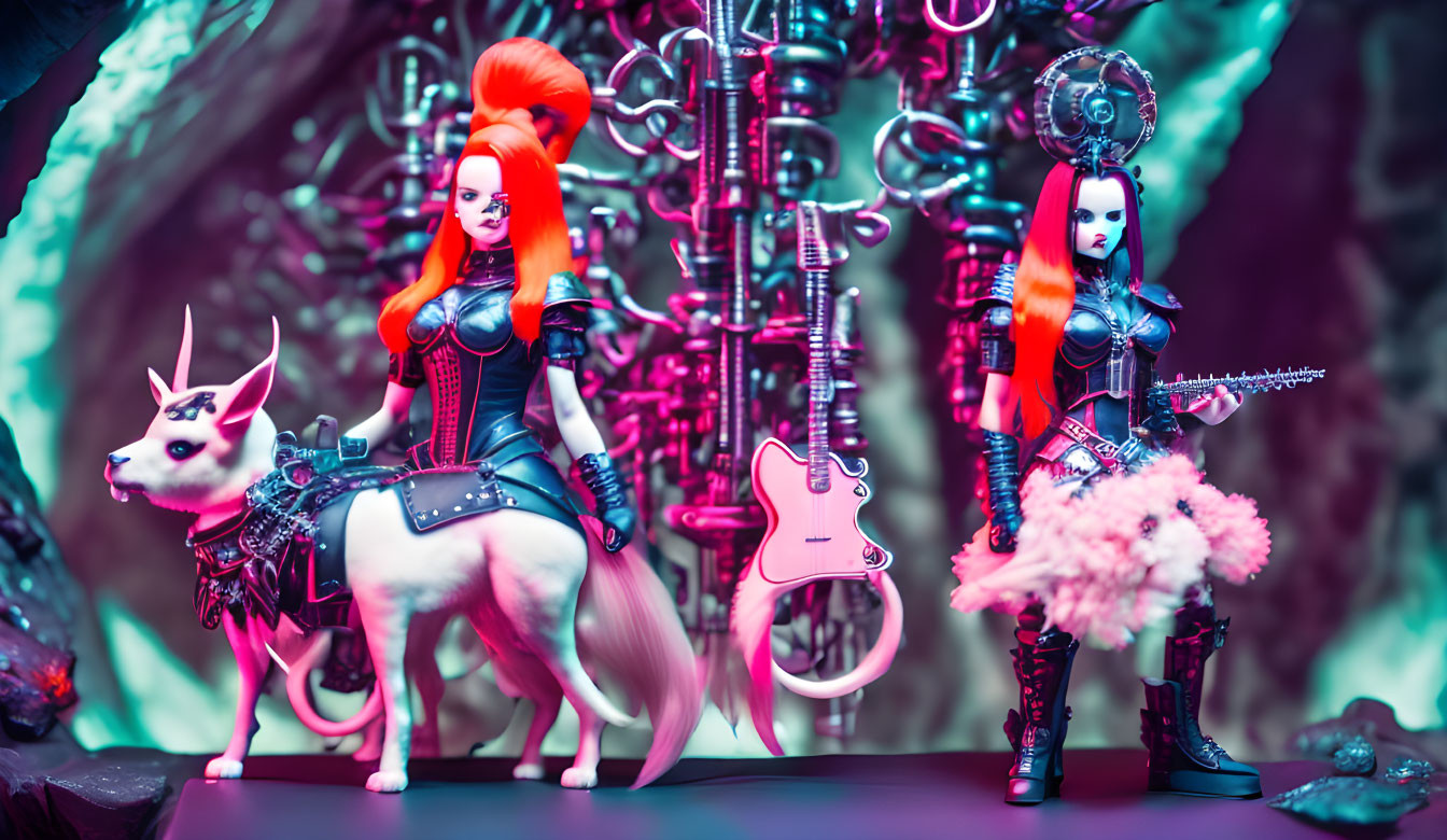 Stylized female figures with vibrant hair in cyberpunk attire with a dog in industrial setting.