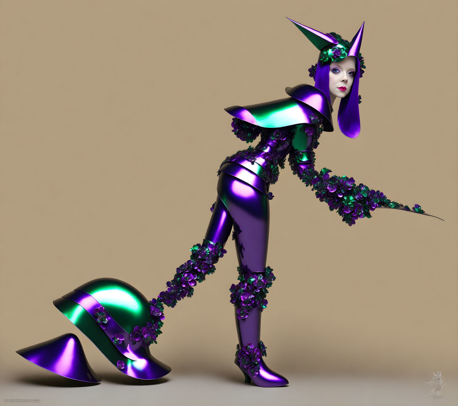 Stylized female figure in futuristic purple and green bodysuit with floral embellishments