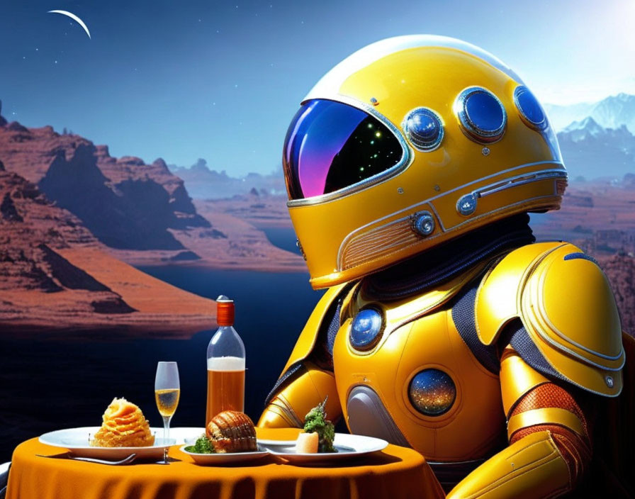 Yellow futuristic robot at table under starry sky on red rocky terrain