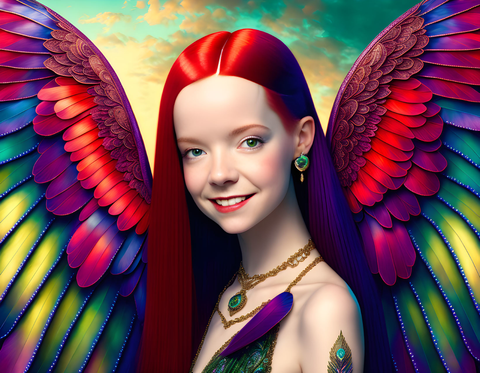 Vibrant red-haired girl with multicolored wings in digital art portrait