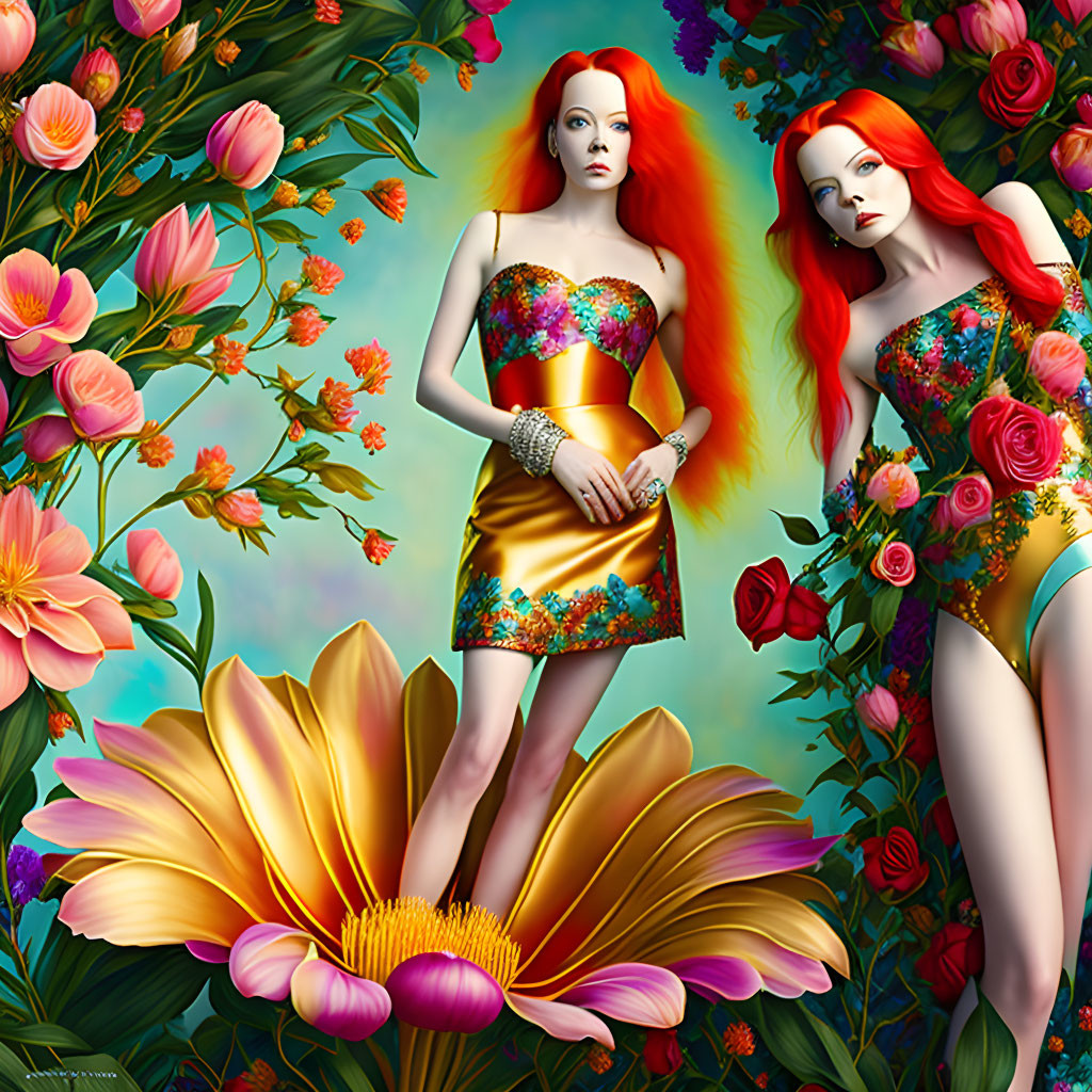 Two red-haired women in floral dresses among vibrant flowers