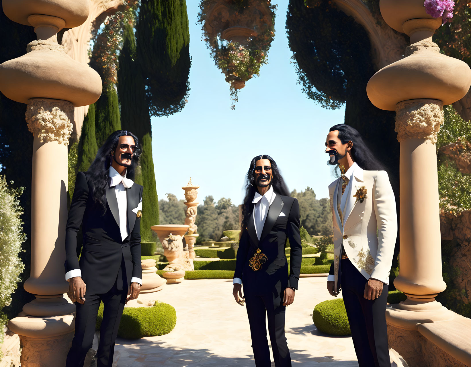 Formal attire men pose in garden with pillars