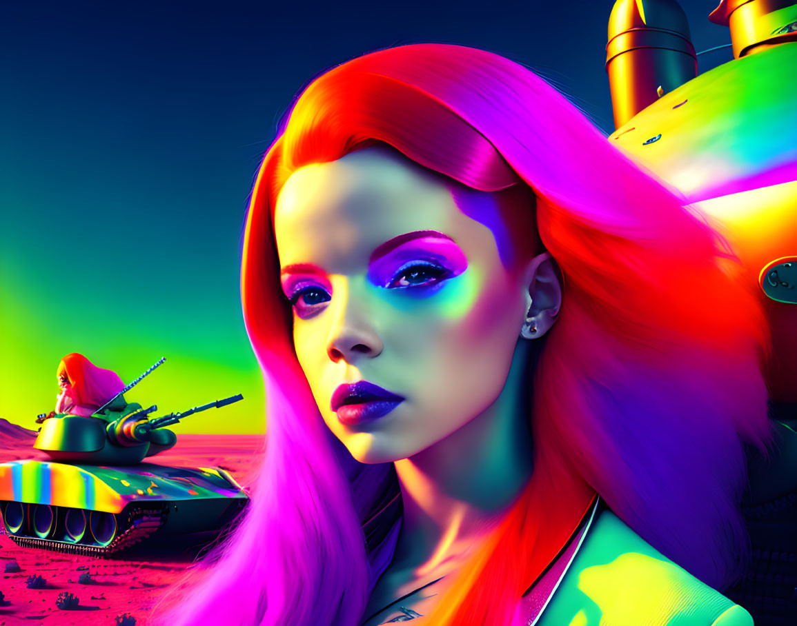 Portrait of woman with red hair in vibrant colors against surreal tank backdrop