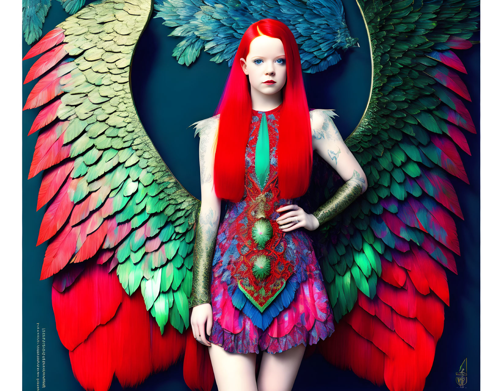 Vibrant woman with red hair, tattoos, and multicolored wings in ornate dress