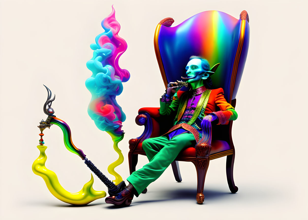 Colorful skeleton in vibrant attire smoking hookah on ornate chair