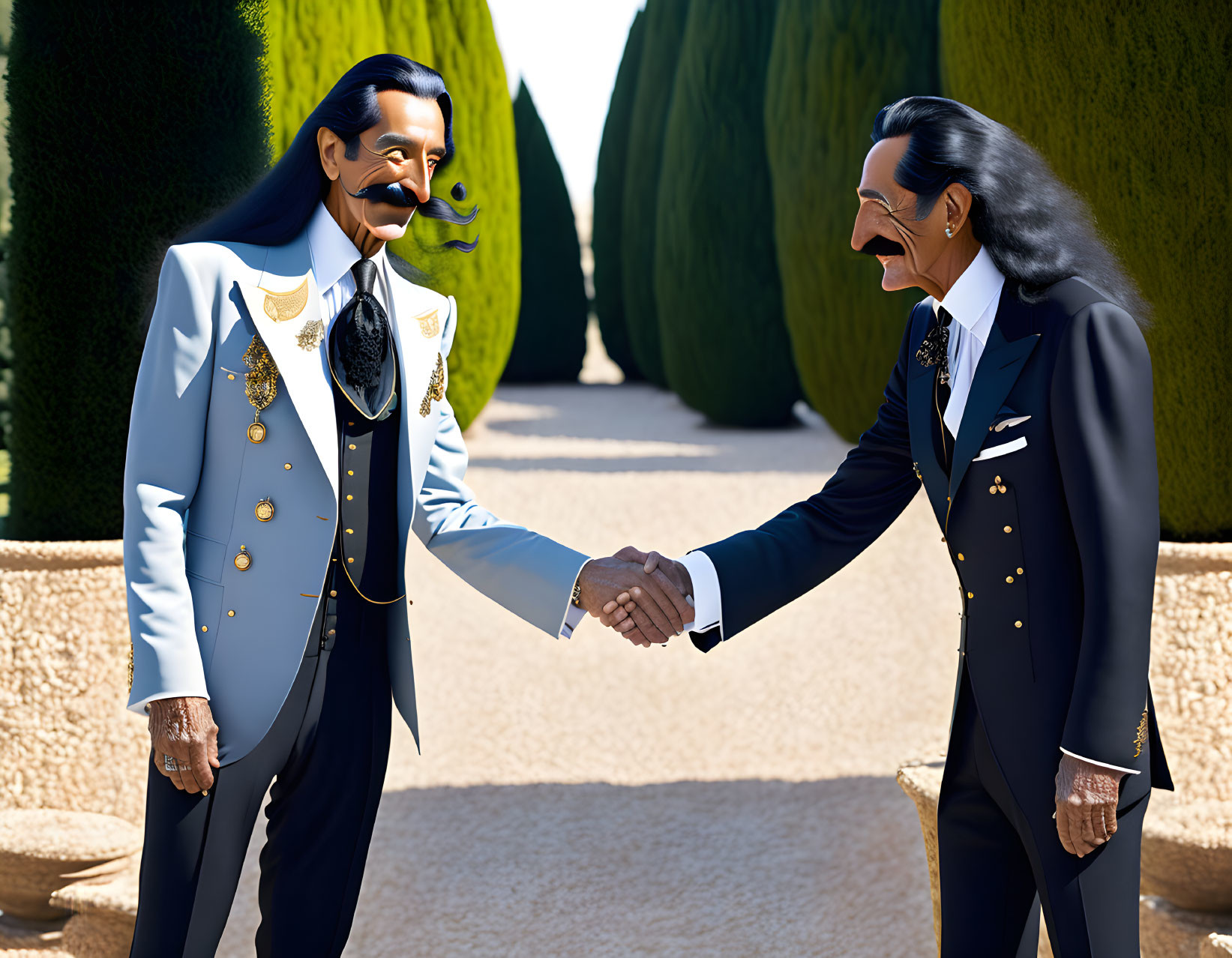 Exaggerated stylized animated characters shaking hands in a formal garden