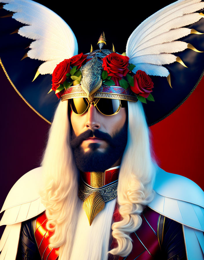 Portrait of a person with white beard, winged helmet, aviator sunglasses, and ornate armor