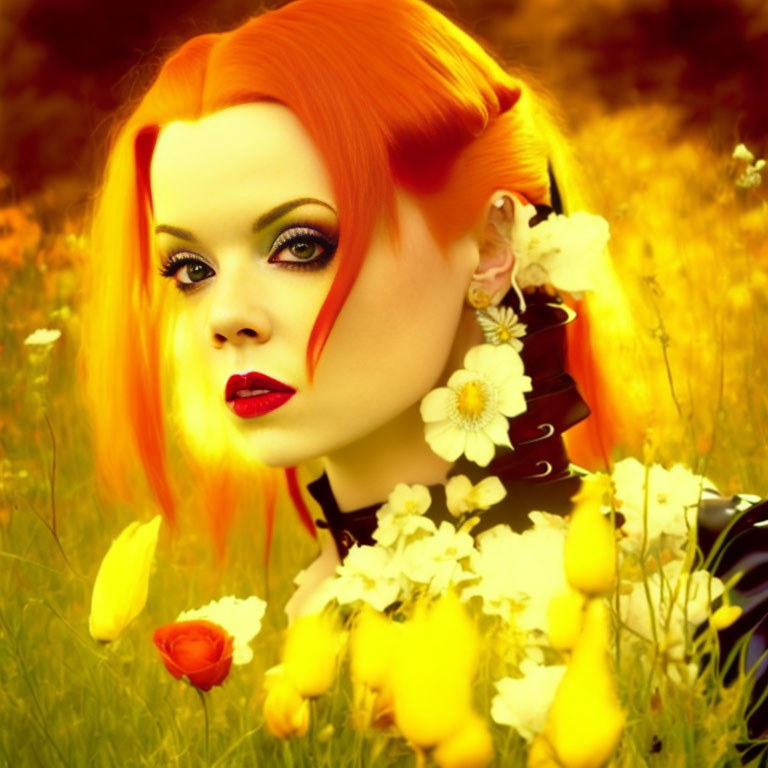 Vibrant orange-haired person with bold makeup in sunlit field with yellow flowers