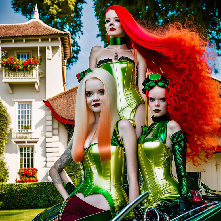 Three women in vibrant red hair and colorful corsets pose at lush mansion