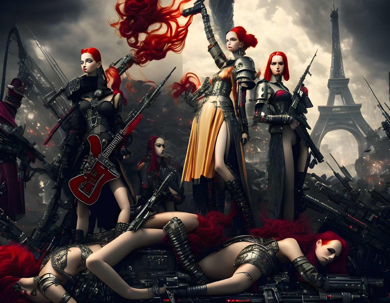 Fantasy image of red-haired female warriors in armor with weapons, set against Eiffel Tower and