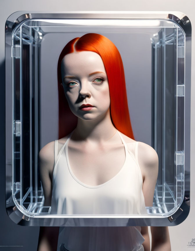 Female mannequin with red hair and pale skin in clear frame on grey backdrop