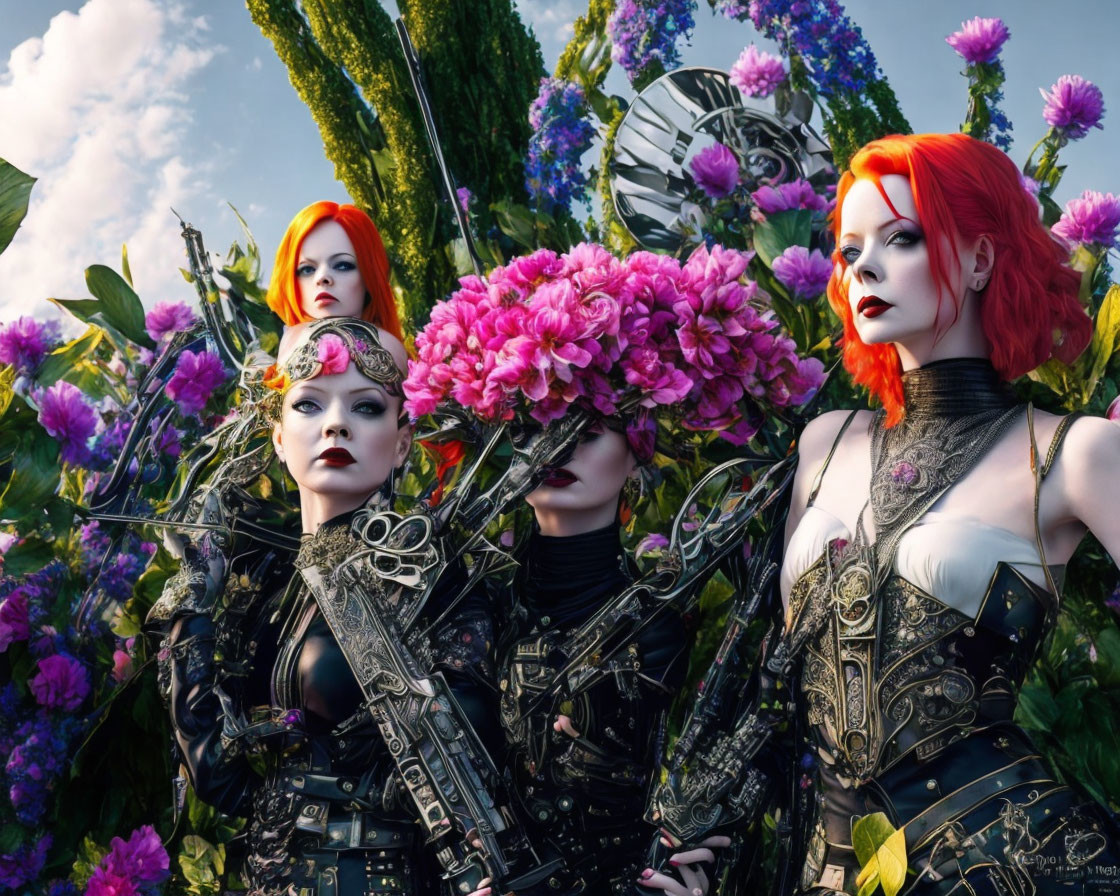 Three women in vibrant hair and fantasy costumes pose with floral and mechanical elements.