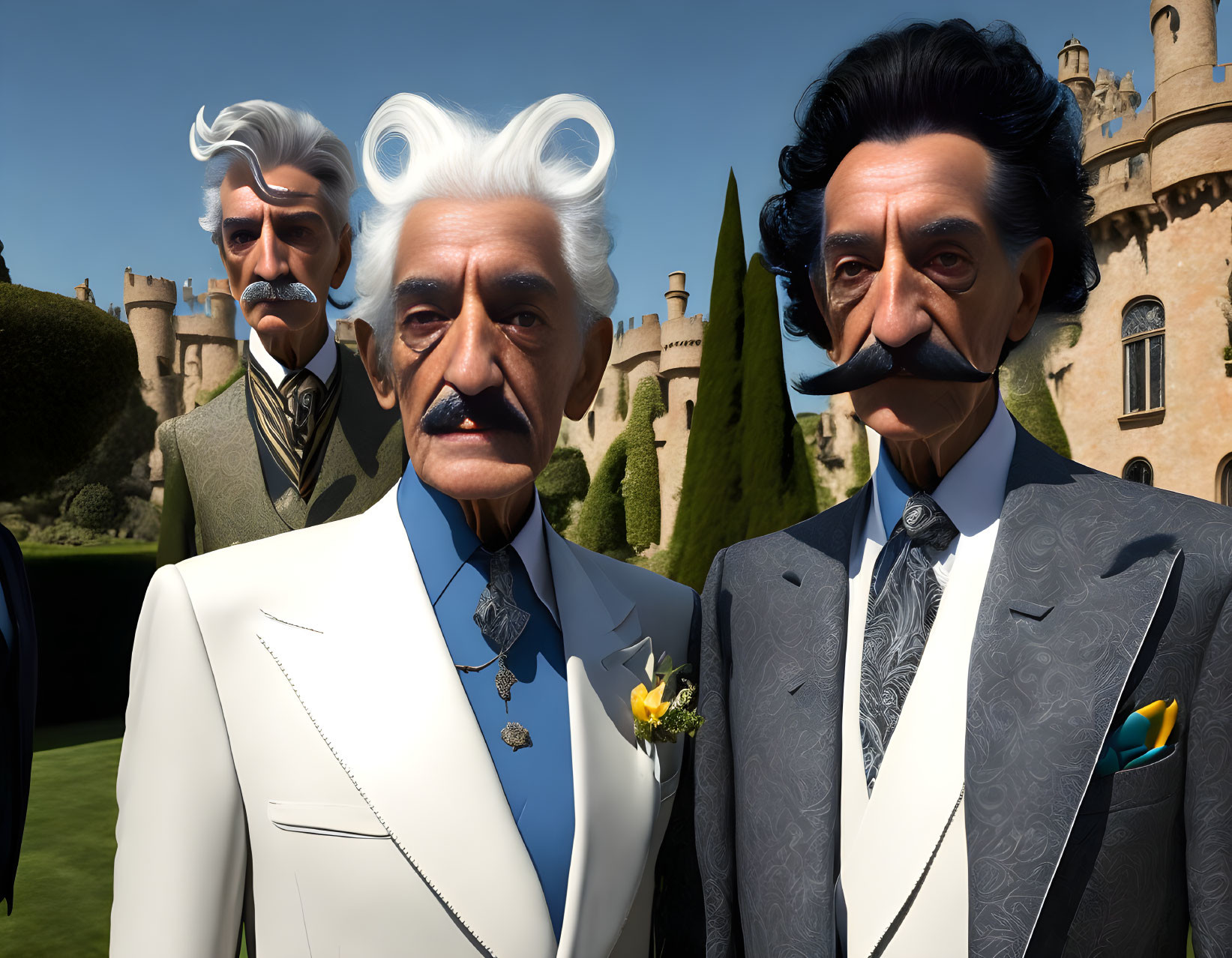 Three stylized animated male characters in formal suits before a castle under a clear sky