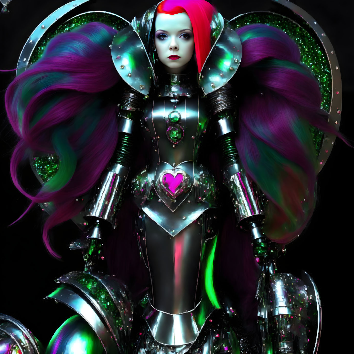 Female Futuristic Robot with Multicolored Hair and Glowing Accents