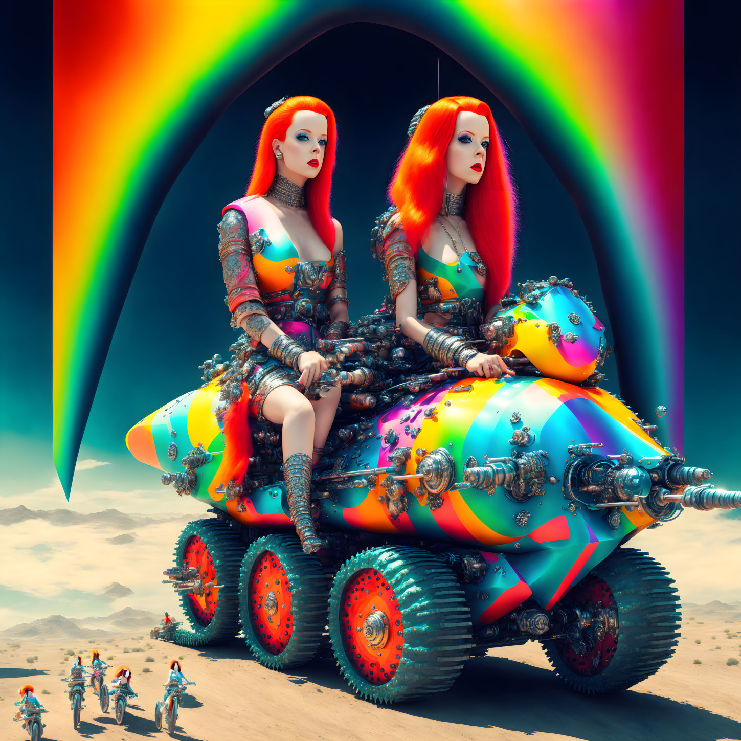 Red-haired figures in futuristic outfits ride rainbow vehicle in desert landscape