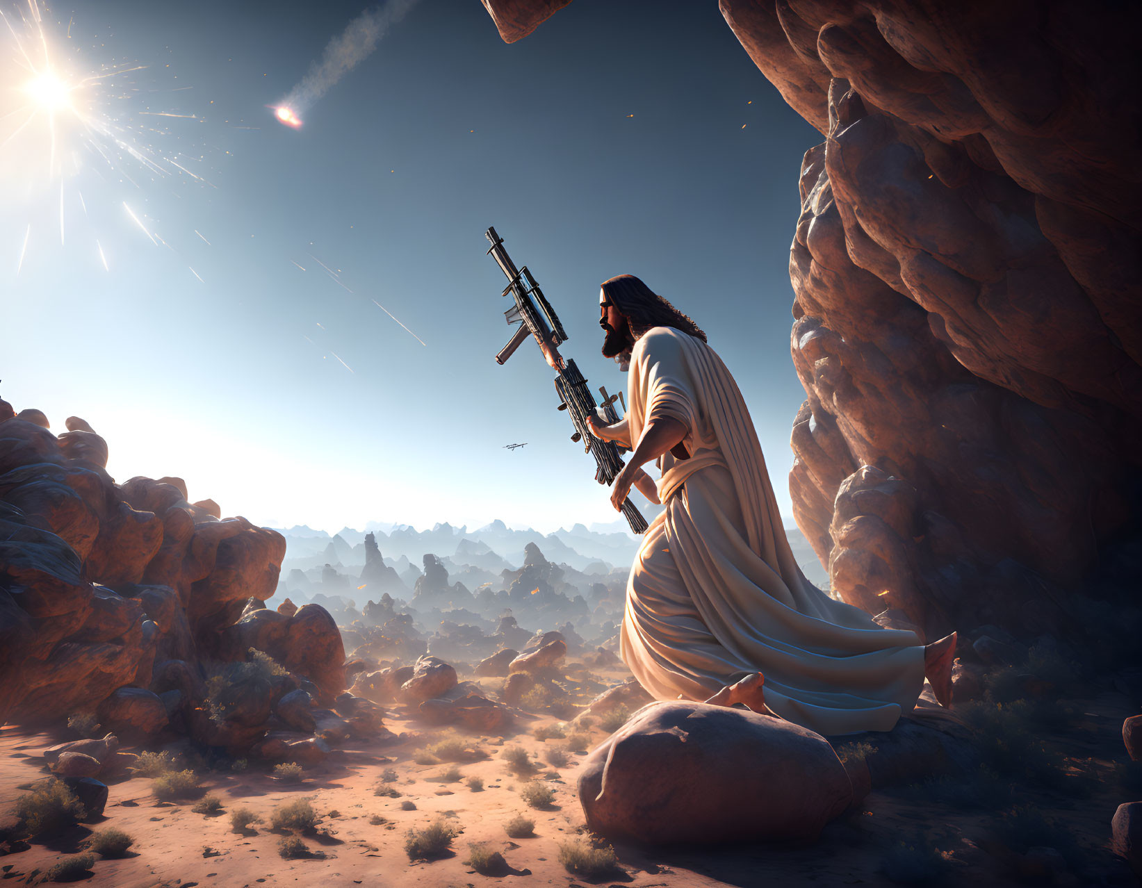Robed figure with futuristic weapon on desert terrain gazes at flying ships and bright star