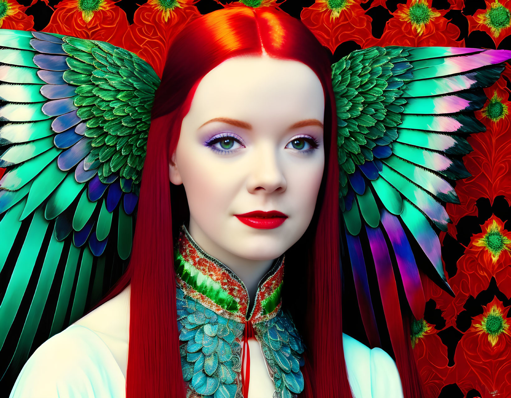 Colorful digital artwork of a woman with red hair and multicolored wings on floral background