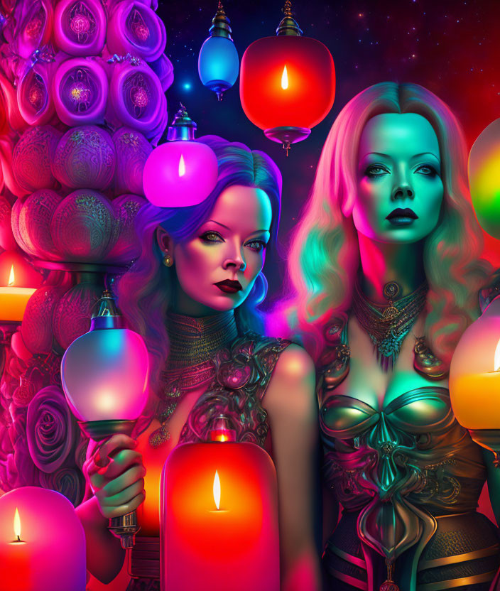 Vividly colored women in mystical neon-lit scene