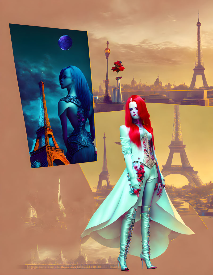 Red-haired female in futuristic outfit with Eiffel Tower, alien, and purple moon.