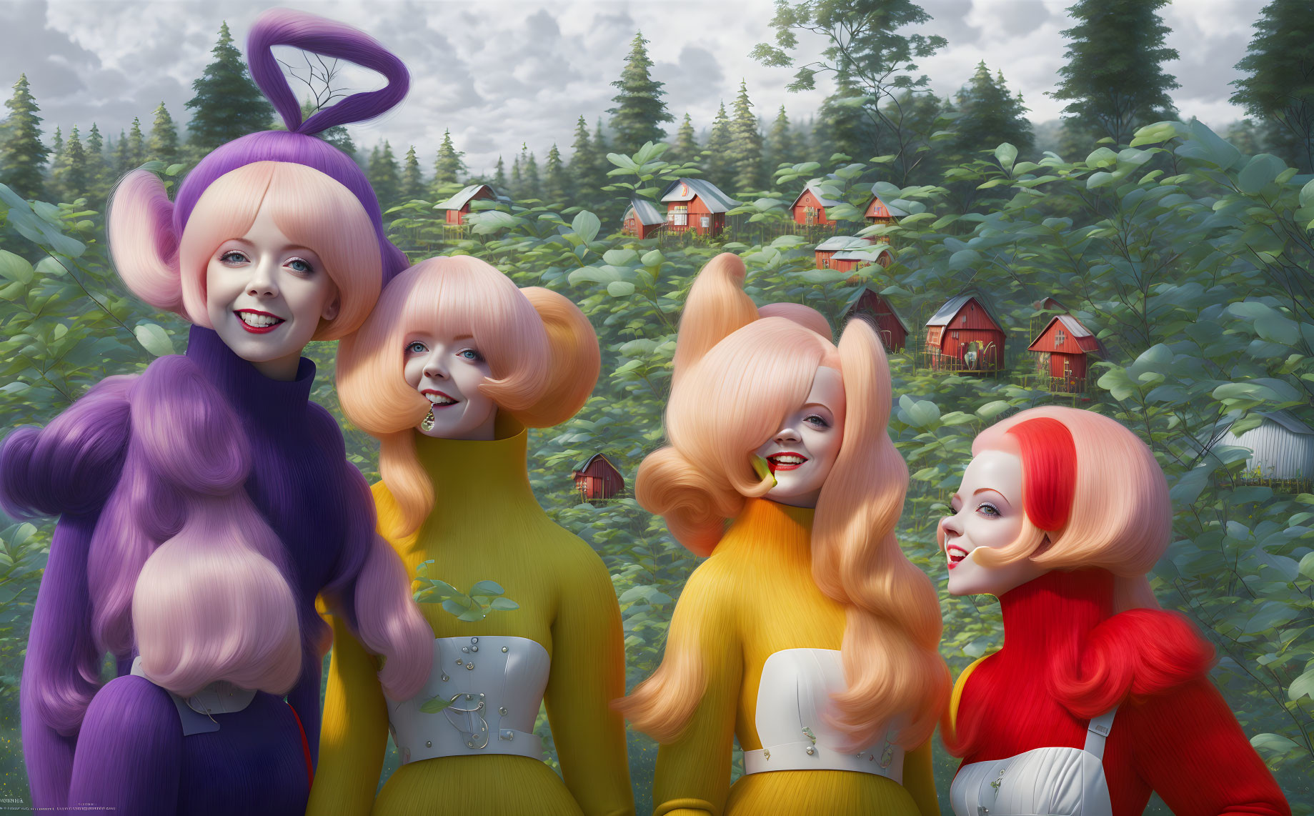 Four vibrant female characters with colorful hair and costumes in a whimsical forest village