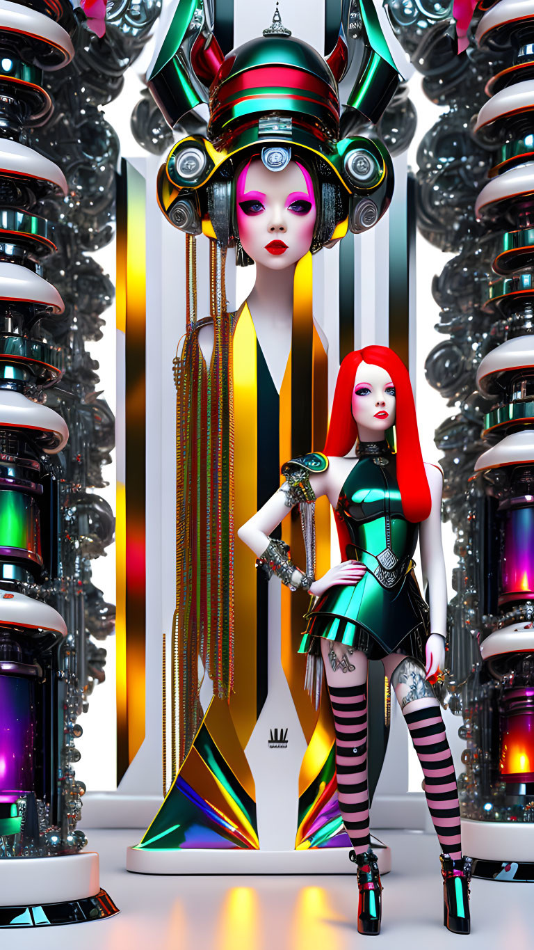 Futuristic female figure with red hair and cyberpunk attire in high-tech setting