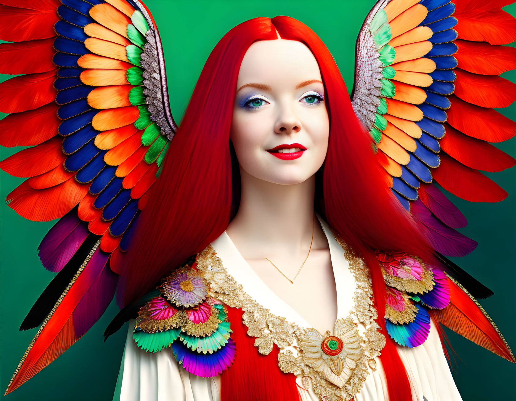 Striking Red-Haired Woman with Colorful Feather Collar